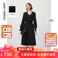 朗姿羊毛冬季新款法式氣質(zhì)曠野美拉德顯瘦長袖polo領(lǐng)連衣裙長裙 黑色 M