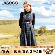 lagogo英倫風復古格子連衣裙女拉谷谷秋冬新款疊穿收腰顯瘦背帶裙 混色(Y0) M 160/38