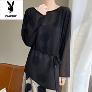 花花公子喬其紗不規則防曬衣女寬松外套上衣設計感夏季溫柔風(fēng)微透長(cháng)袖T恤 黑色 2XL