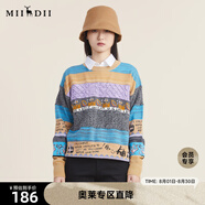 謎底2022秋款復(fù)古寬松圓領(lǐng)套頭趣味圖案針織衫中長(zhǎng)款女223MZ1372 綠卡其花 M