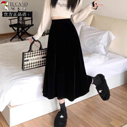 啄木鳥(niǎo)赫本風(fēng)復古金絲絨半身裙女秋冬2025新款中長(cháng)款百褶裙百搭高腰傘裙 黑色 2XL