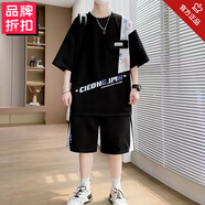 以純A21青少年套裝男夏季寬松300斤胖子衣服男裝潮流學(xué)生t恤兩件套 699黑色-高品質(zhì)- 2XL _-身高170-175體重140-155斤