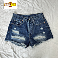 初徑熱辣牛仔短褲女夏新款高腰做舊藍色紐扣破洞A字熱褲 深藍色 S