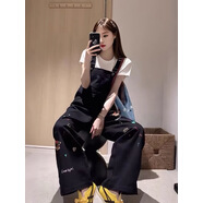 索菲堡 高街卡通刺繡甜美牛仔背帶褲女2025高級新款寬松闊腿工裝連體褲 黑色 L
