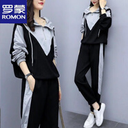 羅蒙 衛(wèi)衣套裝女2022年春秋新款韓版休閑運(yùn)動(dòng)服洋氣時(shí)尚寬松顯瘦拼接 黑色 4XL 建議160-180斤