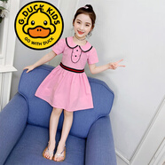 G.DUCKKIDS品牌童裝女童夏裝連衣裙新款夏季兒童短袖裙子洋氣女孩夏天中大童 織帶款連衣裙 粉色 120