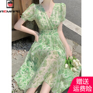 AEMAPE2025夏季新款女裝設(shè)計(jì)感絕美文藝少女裙子女士碎花連衣裙女裝 綠色 L