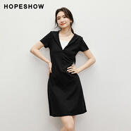 紅袖（hopeshow）新品休閑連衣裙夏季新款假兩件拼接連帽領(lǐng)漂亮掐腰裙 黑050 S