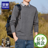 羅蒙假兩件毛衣男士春秋季新款加絨修身商務(wù)襯衫領(lǐng)針織衫拼接v領(lǐng)線衣 深灰色圓領(lǐng) 【春秋新款】 3XL 【建議155-175斤】