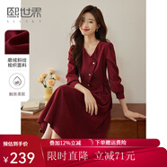 熙世界sllsky浪漫復(fù)古紅色連衣裙女秋冬法式赫本磨毛V領(lǐng)裙子高級(jí)感 復(fù)古紅 XL