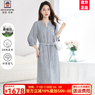 AEMAPE高端桑蠶絲亞麻混紡連衣裙2025夏季新款清爽透氣中長束腰修身女裝 圖片色 L