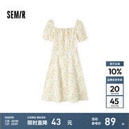 森馬（Semir）連衣裙女方領雪紡裙溫柔少女感夏季俏皮泡泡袖肌理碎花裙森系 白黃色調00313 XL
