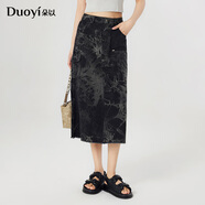 朵以（Duoyi）街頭感時(shí)髦新潮水洗扎染直筒裙毛邊半身裙牛仔裙 黑色 S
