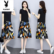 花花公子（PLAYBOY）雪紡連衣裙女兩件套2025夏季新款短袖T恤顯瘦遮肉洋氣時(shí)尚套裝裙 黑色兩件套 3XL 【建議140-160】