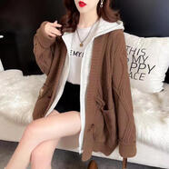 木清清潮牌2025秋冬季加厚寬松大碼毛衣開(kāi)衫女慵懶風(fēng)拼接假兩件針織外套 咖啡色 4XL 150-160斤