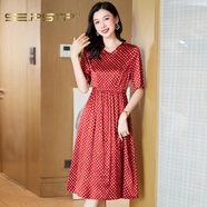夏典素訂女王（SE.PSTP）19姆米重磅真絲連衣裙女夏季2025新款v領(lǐng)收腰顯瘦波點(diǎn)桑蠶C絲裙子 酒紅杭州今年流行的輕奢品質(zhì) L