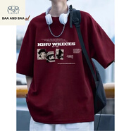BAA AND BAA短袖t恤男款2025夏季小眾寬松半袖衣服美式潮牌純棉體恤寬松上衣 酒紅色A5106-HLFS L 【建議110斤-130斤】