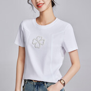 修嫻（soossn）小香風四葉草重工釘珠絲光棉T恤圓領(lǐng)時尚正肩白色 白色 XL