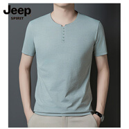 吉普（JEEP）2025新款男士短袖T恤純色v領(lǐng)小衫韓版休閑半袖夏裝上衣紐扣裝飾潮 淺藍 L 175/52 130-150斤