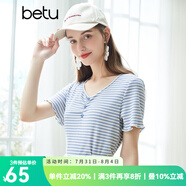 betu百圖女裝氣質(zhì)V領(lǐng)多色條紋T恤針織短袖T2104T17 藍(lán)白條 S
