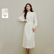 茵曼蕾絲針織木耳邊連衣裙2025秋女裝新款燈籠袖長(cháng)裙 米杏色 M