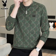 花花公子（PLAYBOY）長(cháng)袖t恤男春秋款新款時(shí)尚百搭休閑圓領(lǐng)衛衣男潮流寬松高端上衣男 軍綠 3XL 185