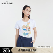 謎底夏季新款圓領(lǐng)特色印花T恤短袖女修身繡花上衣232MT0683 亮白 S