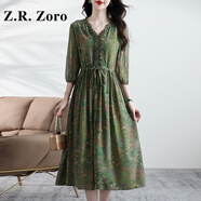 Z.R.Zoro輕奢品牌真絲連衣裙女2025夏季新款時尚印花裙收腰顯瘦桑蠶絲裙女 綠花 L