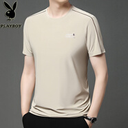 花花公子（PLAYBOY）冰絲短袖t恤男夏季常規(guī)體恤衫中年百搭半袖上衣服T 米色 8188 L 170 【適合120-140斤】