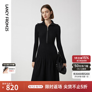 朗姿法式翻領顯瘦高級感針織連衣裙ol風氣質小黑裙春季新款 夜幕黑色 S