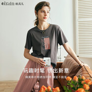 Olrain歐芮兒法式深灰色短袖T恤女夏季新款寬松刺繡圓領(lǐng)上衣 深灰色 XL 