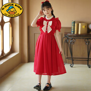 G.DUCKKIDS女童夏裝2025新款兒童連衣裙中大童夏季長(cháng)款公主裙小女孩雪紡裙子 紅色(搭配頭飾) 140 cm