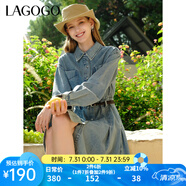 lagogo百搭長袖牛仔連衣裙女拉谷谷春秋款純棉收腰百褶氣質(zhì)裙子 淺牛仔藍(lán)(N7) XL