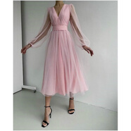 HUALIN FASHION歐美仙女性感深V網(wǎng)紗泡泡袖長裙顯瘦收腰禮服 粉色 XL