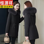 恒源祥派克服女款2025年秋冬新款兔毛內(nèi)膽狐貍領(lǐng)連帽中長款外套大衣 黑色 M 【95斤-110斤】