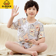G.DUCKKIDS夏季新兒童棉綢睡衣短袖短褲女孩男童綿綢空調(diào)服中大童家居服套裝 短袖套裝學(xué)士熊 110 75適應(yīng)身高（90-100cm） 已