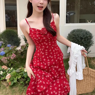SKYHEART2025夏季紅色碎花吊帶連衣裙女欲辣妹風(fēng)不規(guī)則開叉吊帶長(zhǎng)裙 紅色 AH0968 均碼