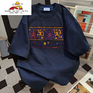 稻草人（MEXICAN）純棉美式印花短袖t恤男oversize寬松簡(jiǎn)約痞帥五分袖休閑T體恤上衣 藏青色[260g] S