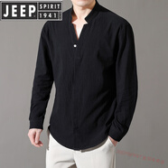 JEEP SPIRIT純棉男土長(zhǎng)袖t恤夏季薄透氣棉麻襯衫中國(guó)風(fēng)男士戶外防曬工作服 8K01長(zhǎng) 袖黑色 M (80-斤)
