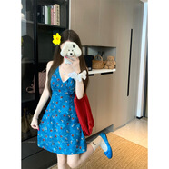 LMVXRM碎花領(lǐng)雪紡收腰無袖連衣裙泰蘭德少女半身裙套裝女 藍(lán)色連衣裙短裙 S