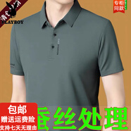 花花公子（PLAYBOY）輕奢男裝夏季高端桑蠶絲短袖t恤男休閑寬松中年商務(wù)冰 絲polo衫 8019短袖-豆綠 M 165建議90-120斤