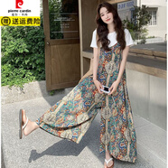 皮爾卡丹法式復(fù)古波西米亞風(fēng)褲子背帶褲女夏季2025新款闊腿褲寬松連體褲女 波西米亞【套裝】 【短袖+褲子】 M 建議98-113斤左右