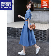 羅蒙牛仔連衣裙女2026夏季新款韓版時(shí)尚復古收腰顯瘦氣質(zhì)中長(cháng)款a字裙 深藍色+ S
