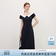 范思藍恩撞色拼接燈籠袖連衣裙女2025夏新款一字襯衫領(lǐng)中長裙2849 藏藍色 S