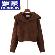 羅蒙（ROMON）100%羊毛小眾毛衣女高腰短款大翻領(lǐng)秋冬新款娃娃領(lǐng)毛衣針織打底衫 咖啡色普通款 L 100-110斤