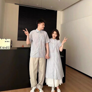 TTPMER三件套]情侶裝夏季2025短袖條紋襯衫寬松連衣裙中長(cháng)款兩件套 男生襯衫+女生襯衫+女生半身裙【 S 女生男生S