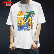 李寧（LI-NING）短袖t恤男夏季薄款涼感冰絲體恤寬松休閑透氣棉質(zhì)圓領(lǐng)運動(dòng)上衣 白色-沙灘印花 S /165 (90-100斤)