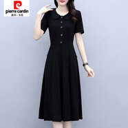 皮爾卡丹（pierre cardin）新款短袖連衣裙時(shí)尚媽媽裝氣質(zhì)大擺黑裙子大碼秋季連衣裙 短袖黑色 M 建議90-100