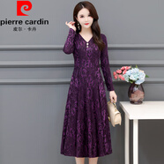 皮爾卡丹（pierre cardin）春秋季網(wǎng)紅提花長(cháng)裙女?huà)寢屟b大碼V領(lǐng)長(cháng)袖連衣裙中年中長(cháng)大擺裙 富貴紫 XL 90-105斤