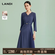 LANDI[商場(chǎng)同款]LANDIV領(lǐng)設計感職業(yè)連衣裙女收腰壓褶下擺春夏新品 藏藍色 S
